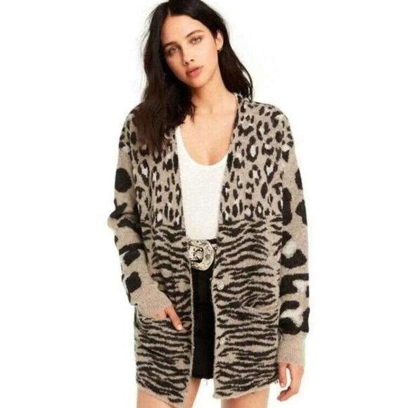Wildfox Wool Alpaca Blend Avani Animal Print Oversized Cardigan Sweater Sz S (D - Picture 1 of 3